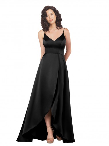 Silk like Satin V-Neck V-Back A-Line Black High Low Evening Gown / Prom Dress / Bridesmaid Dress Manchester