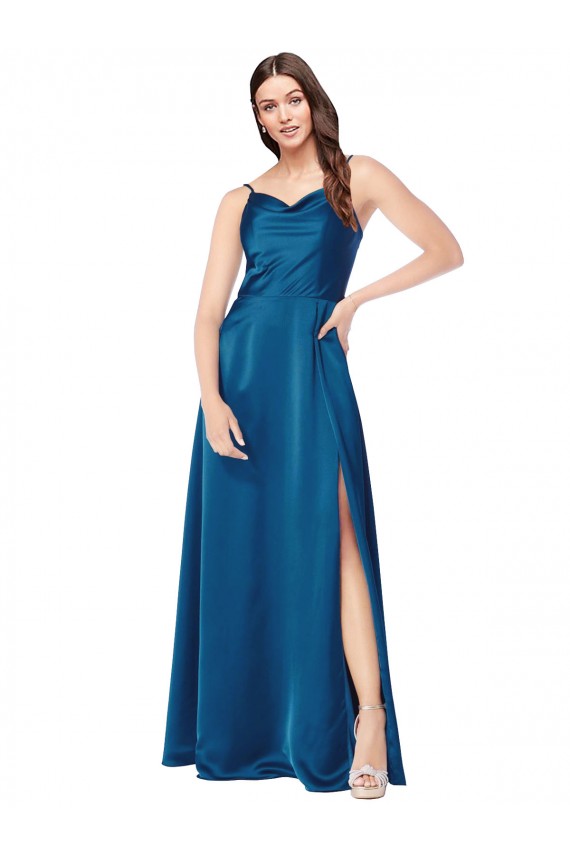 Silk like Satin Cowl Neck Low Back A-Line Peacock Blue Formal Evening Gown / Prom Dress / Bridesmaid Dress Manchester
