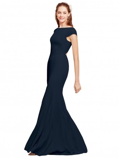 Stretch Crepe Boat Neck Open Back A-Line Dark Navy Formal Evening Gown / Prom Dress / Bridesmaid Dress Manchester