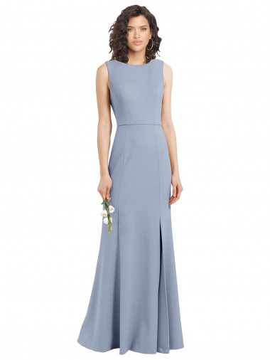 Stretch Crepe High Neck Keyhole Back Sheath Smoke Blue Bridesmaid Dress Manchester