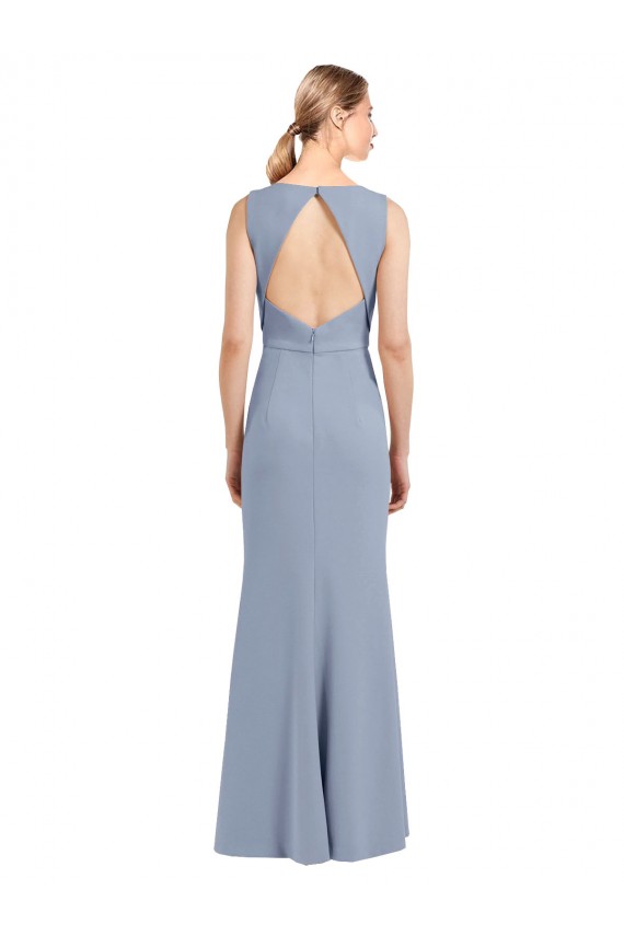 Stretch Crepe High Neck Keyhole Back Sheath Smoke Blue Bridesmaid Dress Manchester