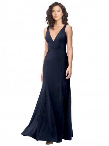 Stretch Crepe High Neck V-Back A-Line Dark Navy Formal Dress / Bridesmaid Dress Manchester