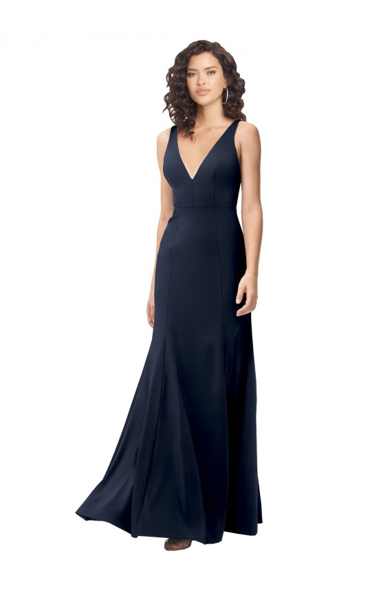 Stretch Crepe High Neck V-Back A-Line Dark Navy Formal Dress / Bridesmaid Dress Manchester