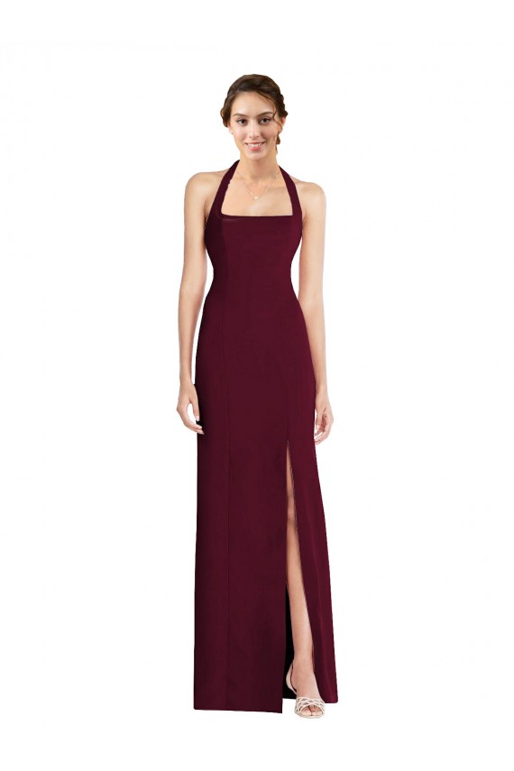 Stretch Crepe Halter Neck Open Back Trumpet Burgundy Gold Semi Formal Evening Dress / Prom Dress / Bridesmaid Dress Manchester