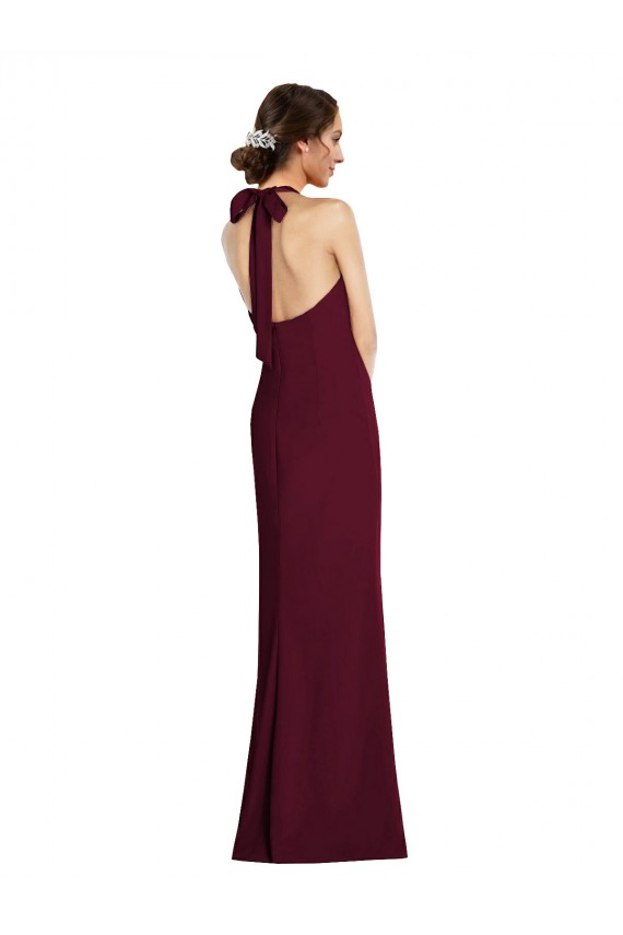Stretch Crepe Halter Neck Open Back Trumpet Burgundy Gold Semi Formal Evening Dress / Prom Dress / Bridesmaid Dress Manchester