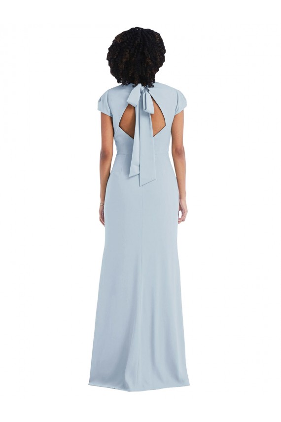Stretch Crepe Jewel Neck Keyhole Back Trumpet Light Sky Blue Semi Formal Evening Dress / Bridesmaid Dress Manchester