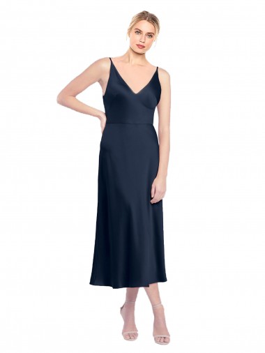 Stretch Satin V-Neck V-Back A-Line Dark Navy Formal Evening Gown / Prom Dress / Bridesmaid Dress Manchester