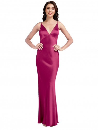 Stretch Satin V-Neck Low Back A-Line Fuchsia Formal Evening Dress / Bridesmaid Dress Manchester