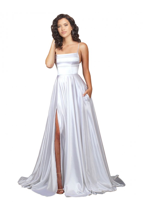 Stretch Satin Spaghetti Straps A-Line White Beach Wedding Dress Manchester