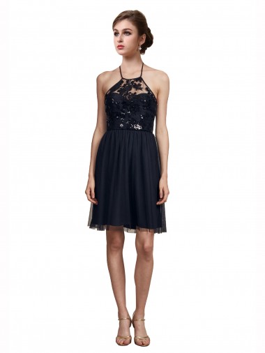 Tulle Halter Neck A-Line Black Bridesmaid Gown Manchester