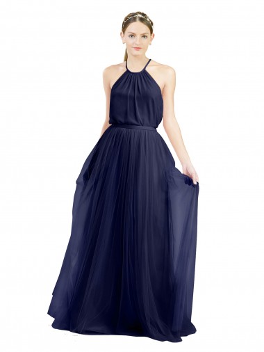 Tulle High Neck A-Line Navy Blue Semi Formal Evening Dress / Bridesmaid Dress Manchester