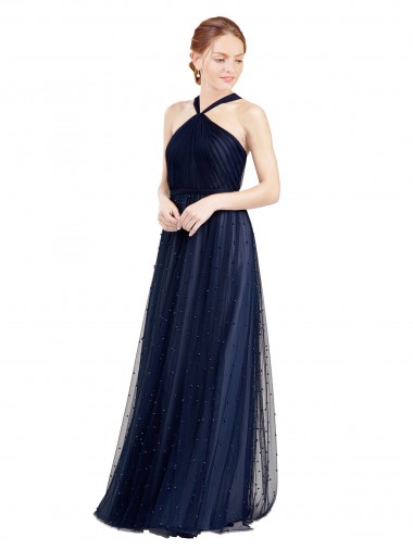 Tulle Halter Neck A-Line Navy Blue Bridesmaid Dress / Evening Dress Manchester
