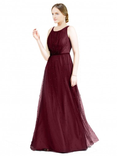 Tulle Boat Neck Keyhole Back A-Line Burgundy Semi Formal Evening Dress / Bridesmaid Dress Manchester