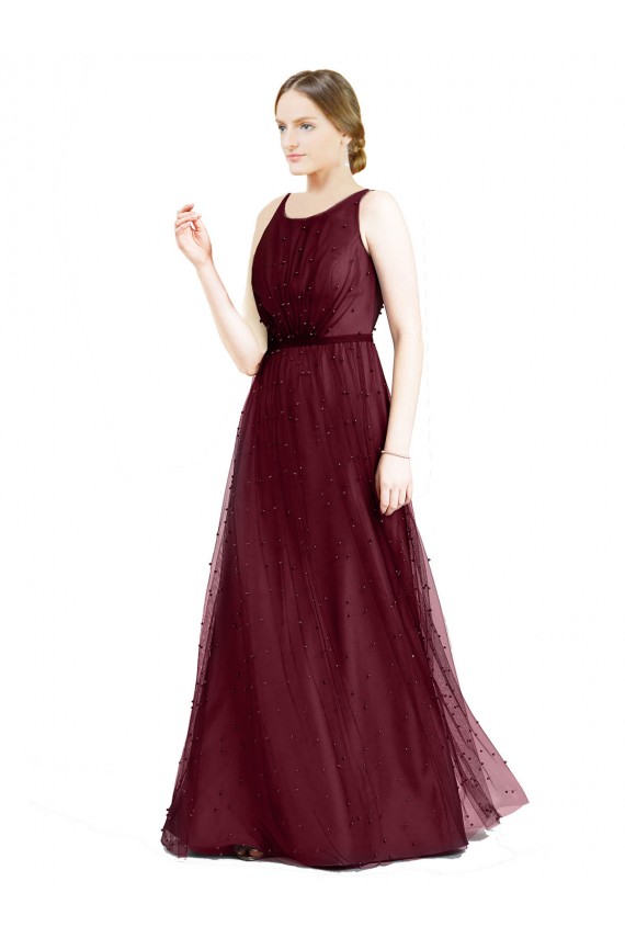 Tulle Boat Neck Keyhole Back A-Line Burgundy Semi Formal Evening Dress / Bridesmaid Dress Manchester