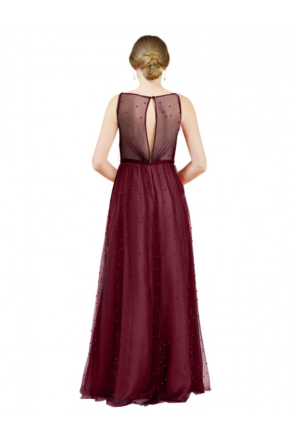 Tulle Boat Neck Keyhole Back A-Line Burgundy Semi Formal Evening Dress / Bridesmaid Dress Manchester