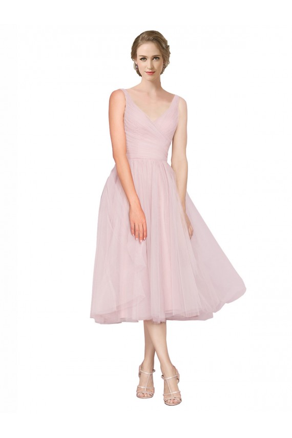 Tulle V-Neck Tea Length A-Line Pink Bridesmaid Dress Manchester