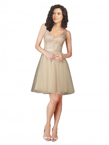 Tulle & Lace V-Neck Knee Length A-Line Champagne Bridesmaid Dress Manchester