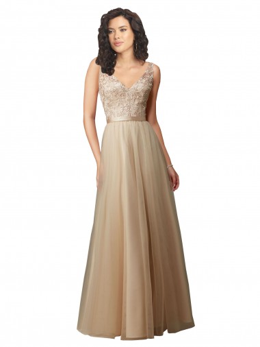 Tulle & Lace V-Neck V-Back A-Line Champagne Bridesmaid Dress Manchester