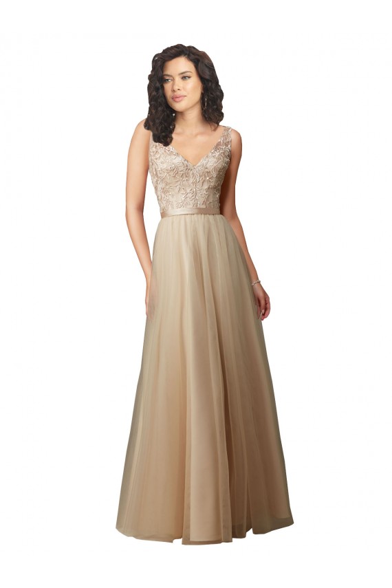 Tulle & Lace V-Neck V-Back A-Line Champagne Bridesmaid Dress Manchester