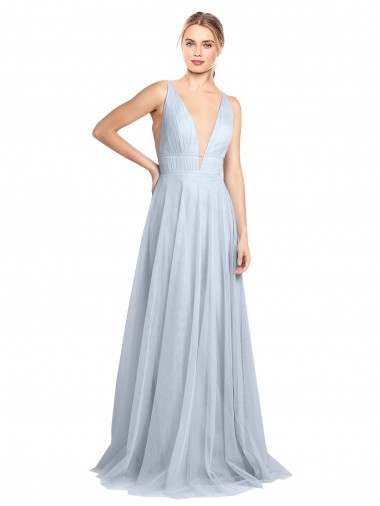 Tulle V-Neck V-Back A-Line Light Sky Blue Bridesmaid Dress Manchester