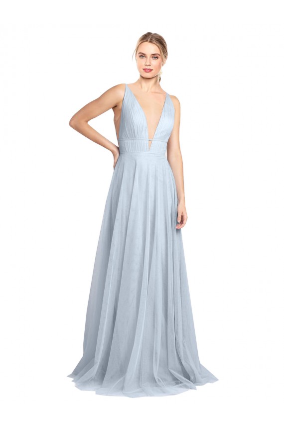 Tulle V-Neck V-Back A-Line Light Sky Blue Bridesmaid Dress Manchester