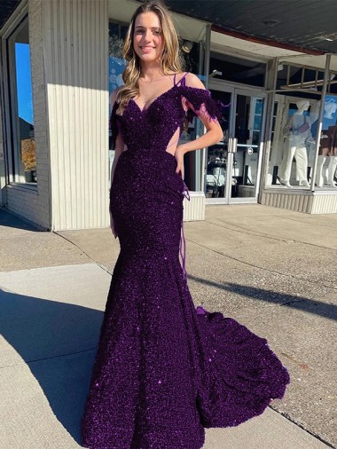 Velvet Sequin V-Neck Sheath Plum Purple Prom Dress / Evening Dress Manchester