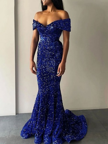 Velvet Sequin Off the Shoulder Mermaid Royal Blue Prom Dresses Manchester