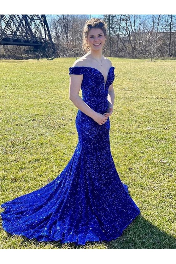Velvet Sequin Off the Shoulder Sheath Royal Blue Prom Dress Manchester