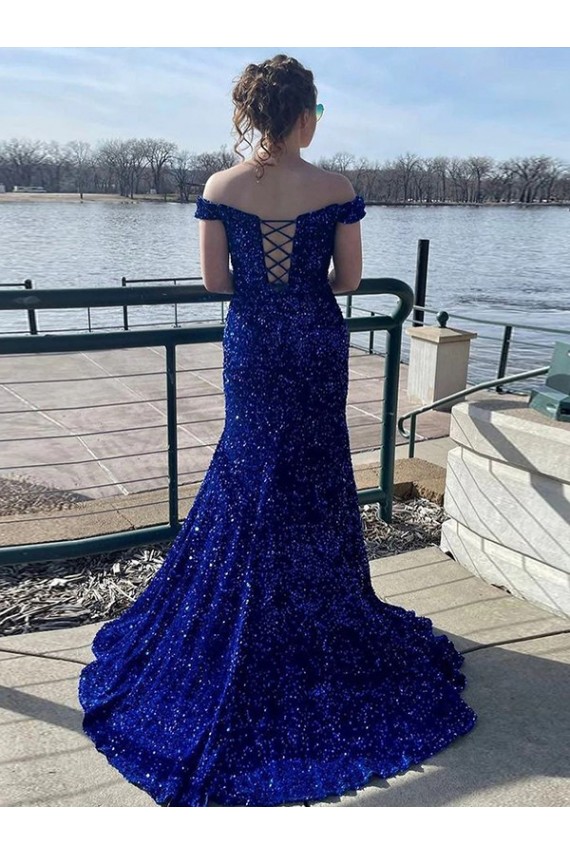 Velvet Sequin Off the Shoulder Sheath Royal Blue Prom Dress Manchester