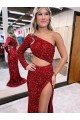 Velvet Sequin One Shoulder Sweep Train Mermaid Burgundy Evening Dress Manchester