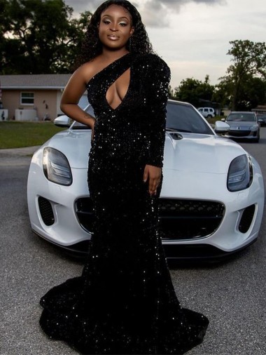 Velvet Sequin One Shoulder Sheath Black Prom Dress Manchester