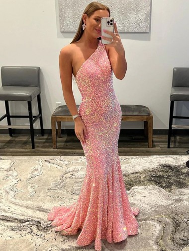 Velvet Sequin One Shoulder Sheath Pink Prom Dress Manchester