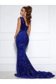Velvet Sequin One Shoulder Mermaid Royal Blue Prom Dress / Evening Dress Manchester
