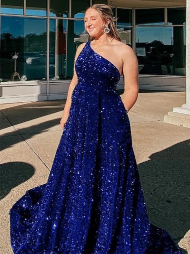 Velvet Sequin One Shoulder A-Line Royal Blue Prom Dress / Evening Gown Manchester