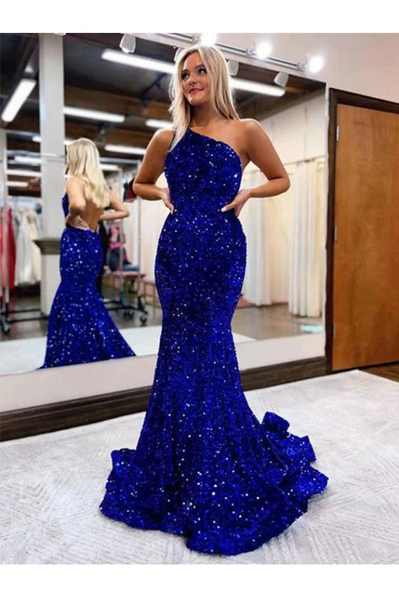 Velvet Sequin One Shoulder Mermaid Royal Blue Prom Dress Manchester