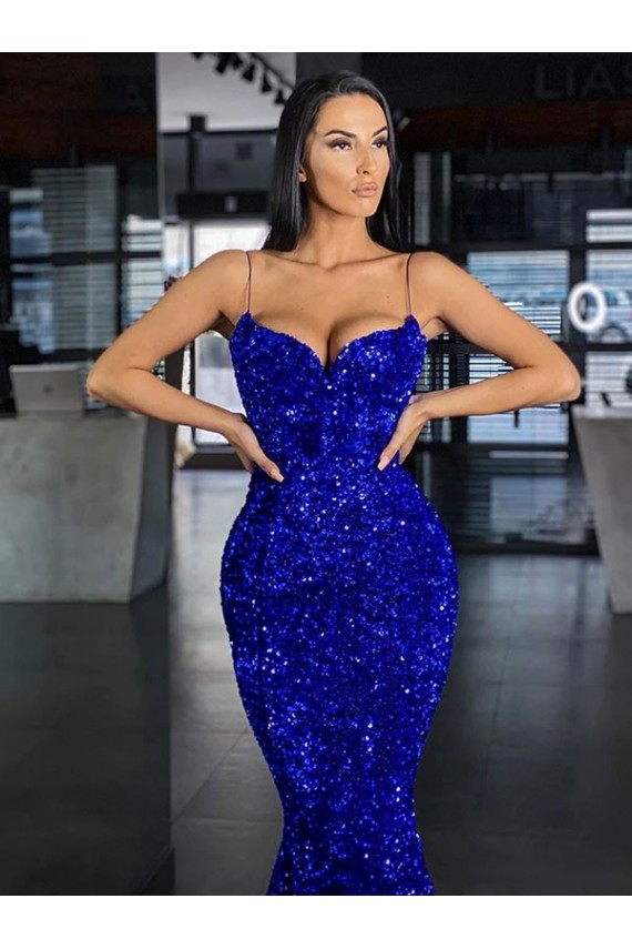 Velvet Sequin Spaghetti Straps Mermaid Royal Blue Evening Gown / Prom Dress Manchester