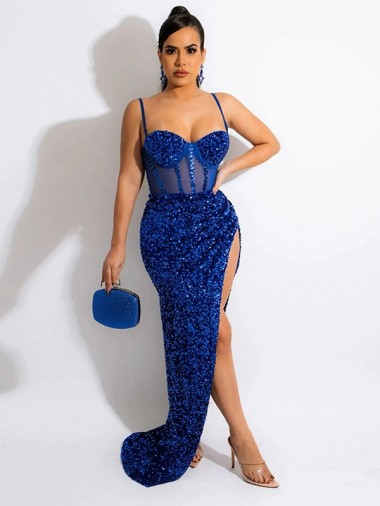 Velvet Sequin Spaghetti Straps Sheath Royal Blue Evening Dress Manchester