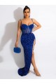 Velvet Sequin Spaghetti Straps Sheath Royal Blue Evening Dress Manchester