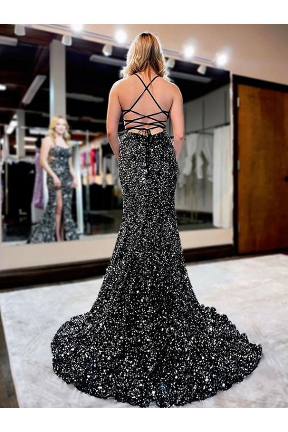 Velvet Sequin Spaghetti Straps Sheath Prom Dress Manchester