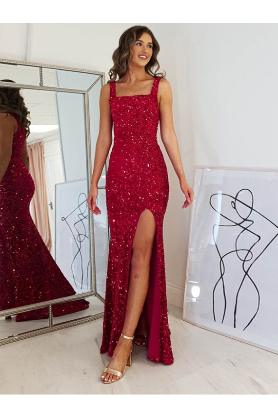 Velvet Sequin Square Neck Sheath Burgundy Prom Dress Manchester