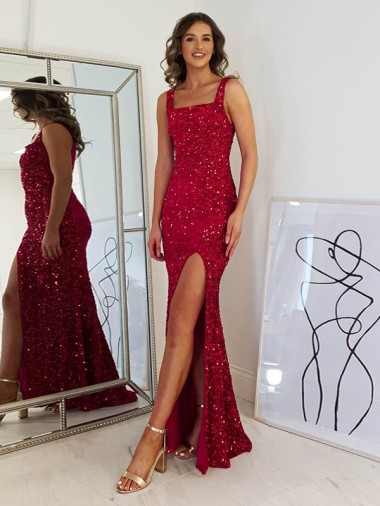 Velvet Sequin Square Neck Sheath Burgundy Prom Dress Manchester