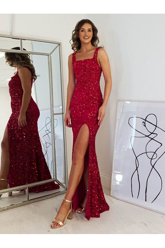 Velvet Sequin Square Neck Sheath Burgundy Prom Dress Manchester