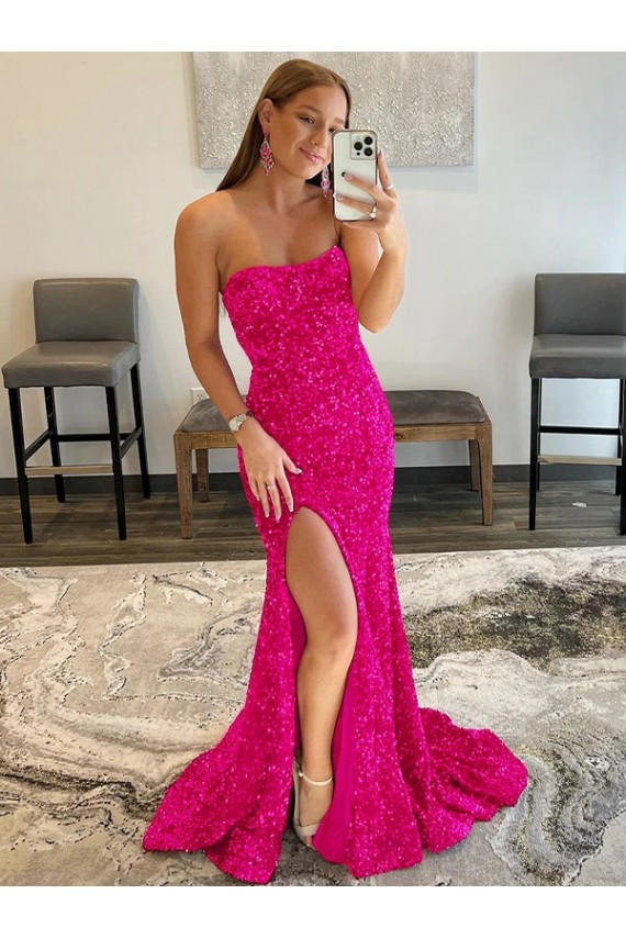 Velvet Sequin Strapless Sheath Fuchsia Prom Dress Manchester