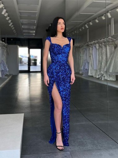 Velvet Sequin Spaghetti Straps Sheath Royal Blue Evening Gown / Prom Dress Manchester