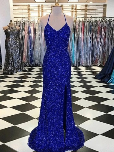 Velvet Sequin V-Neck Sheath Royal Blue Prom Dress / Evening Gown Manchester