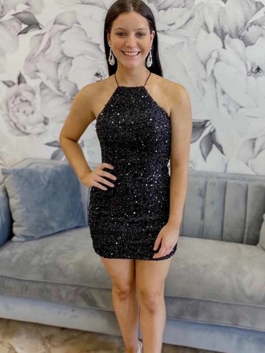Velvet Sequin Halter Neck Sheath Black Prom Dress Manchester