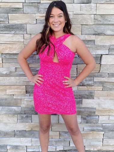 Velvet Sequin Halter Neck Sheath Fuchsia Homecoming Dress Manchester