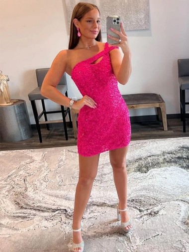 Velvet Sequin One Shoulder Sheath Fuchsia Prom Dresses Manchester