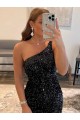 Velvet Sequin One Shoulder Sheath Black Prom Dress / Evening Gown Manchester