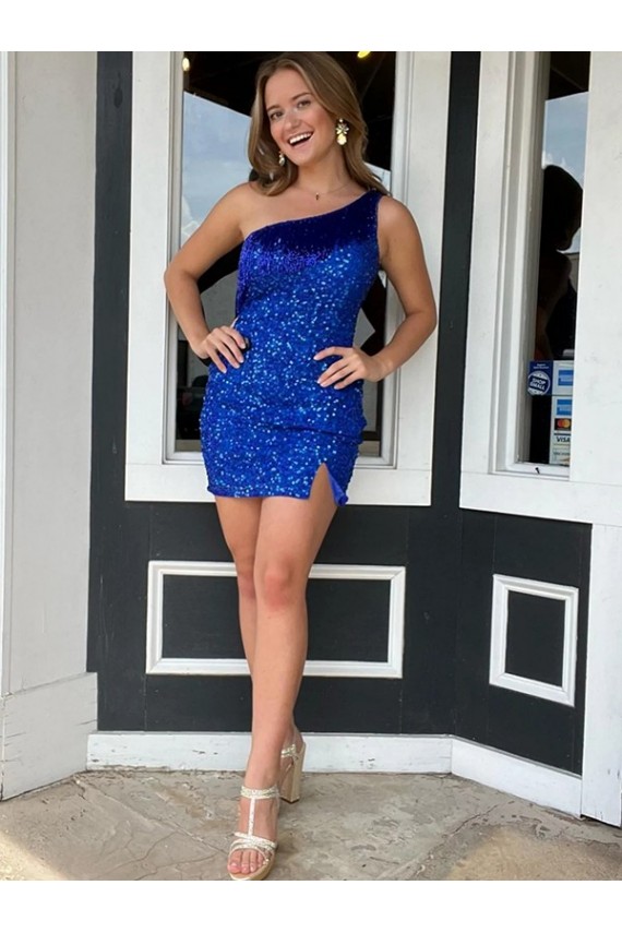 Velvet Sequin One Shoulder Sheath Royal Blue Homecoming Dresses Manchester